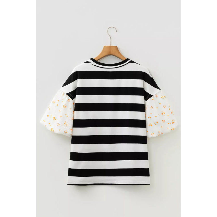 Stripe Floral Print Puff Sleeve Patchwork Blouse Apparel and Accessories