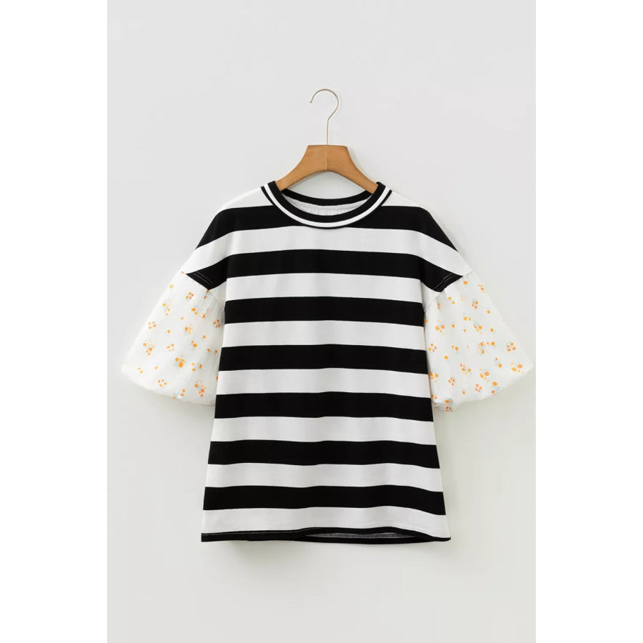 Stripe Floral Print Puff Sleeve Patchwork Blouse Apparel and Accessories