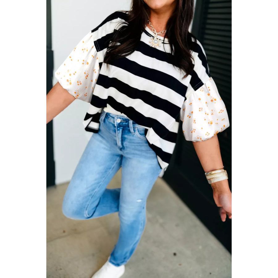 Stripe Floral Print Puff Sleeve Patchwork Blouse Black / S Apparel and Accessories