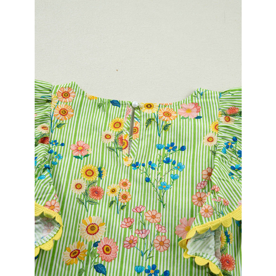 Stripe Floral Printed Scalloped Detail Ruffle Short Sleeve Blouse Apparel and Accessories