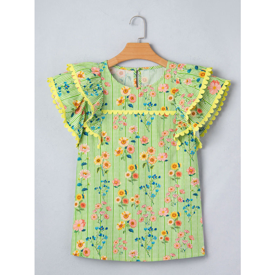 Stripe Floral Printed Scalloped Detail Ruffle Short Sleeve Blouse Apparel and Accessories