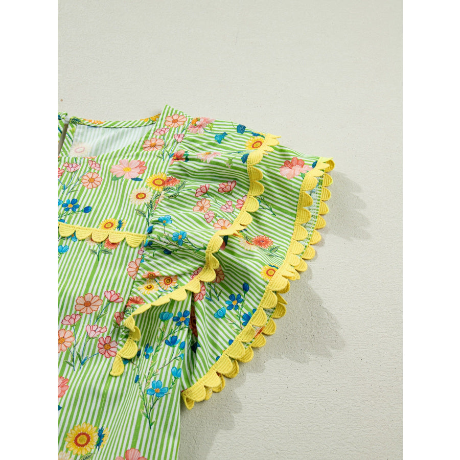 Stripe Floral Printed Scalloped Detail Ruffle Short Sleeve Blouse Apparel and Accessories