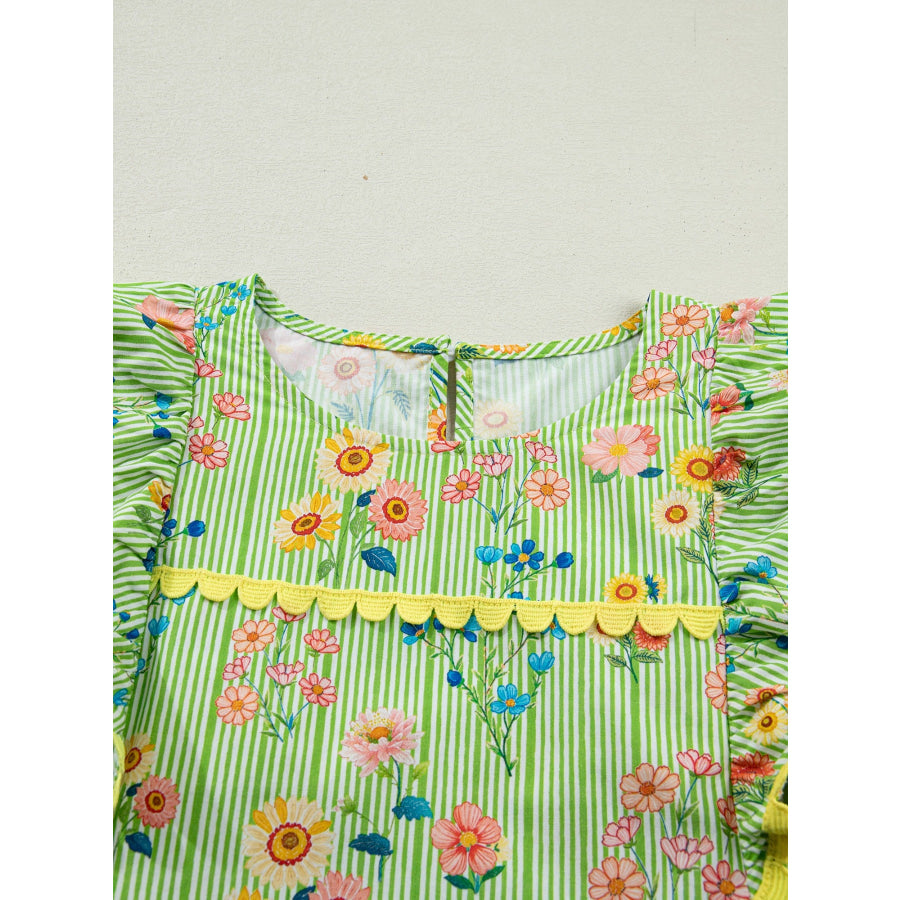 Stripe Floral Printed Scalloped Detail Ruffle Short Sleeve Blouse Apparel and Accessories