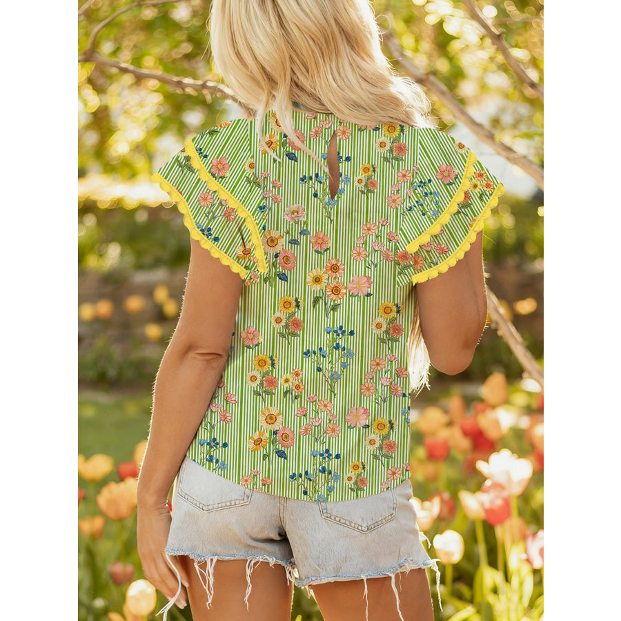 Stripe Floral Printed Scalloped Detail Ruffle Short Sleeve Blouse Apparel and Accessories
