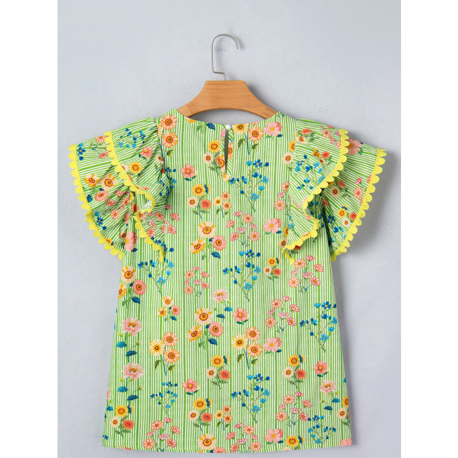 Stripe Floral Printed Scalloped Detail Ruffle Short Sleeve Blouse Apparel and Accessories