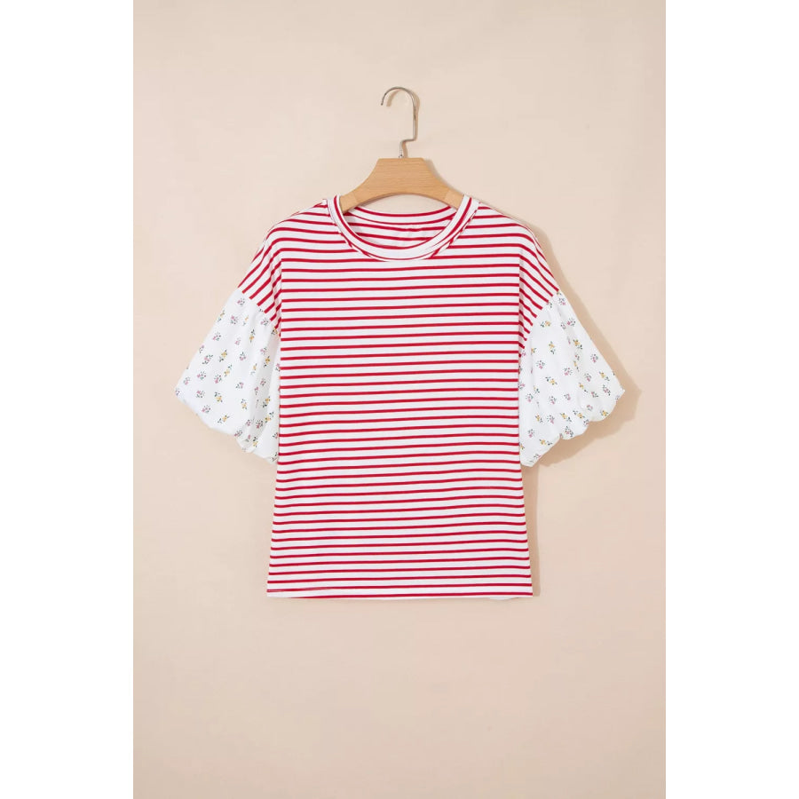 Stripe Floral Puff Sleeve Patchwork Round Neck Loose Top Apparel and Accessories