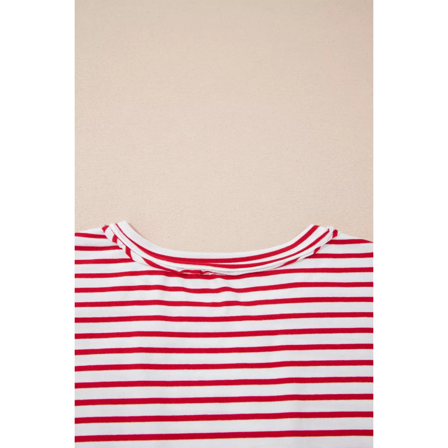 Stripe Floral Puff Sleeve Patchwork Round Neck Loose Top Apparel and Accessories
