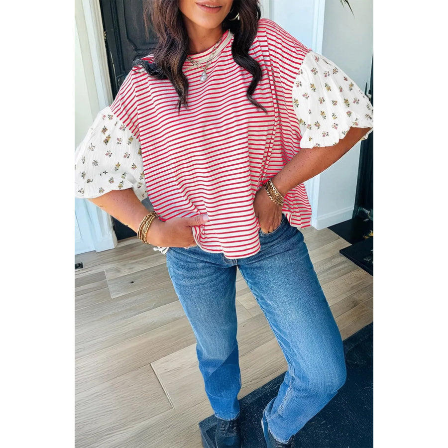 Stripe Floral Puff Sleeve Patchwork Round Neck Loose Top Apparel and Accessories