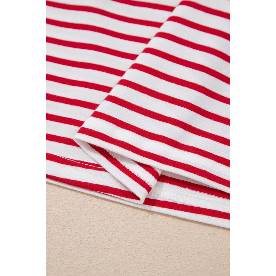Stripe Floral Puff Sleeve Patchwork Round Neck Loose Top Apparel and Accessories