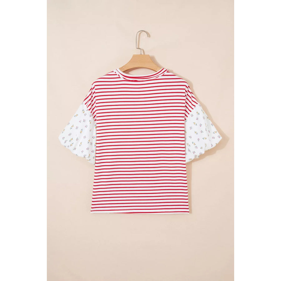 Stripe Floral Puff Sleeve Patchwork Round Neck Loose Top Apparel and Accessories