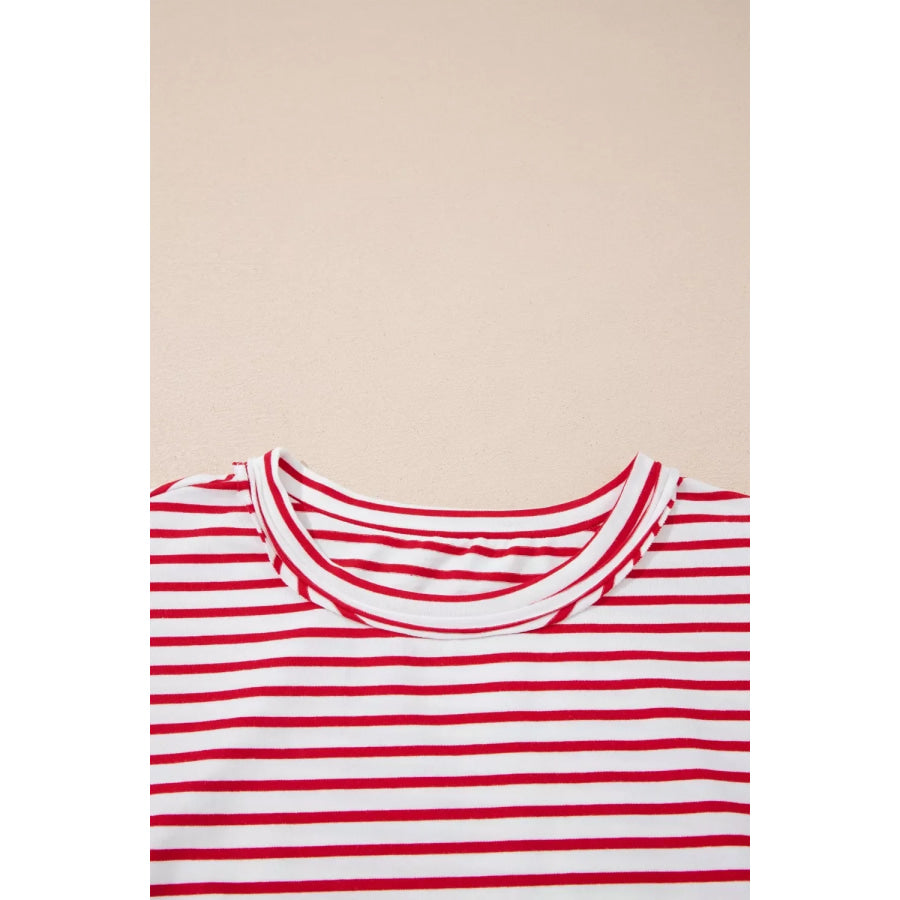 Stripe Floral Puff Sleeve Patchwork Round Neck Loose Top Apparel and Accessories