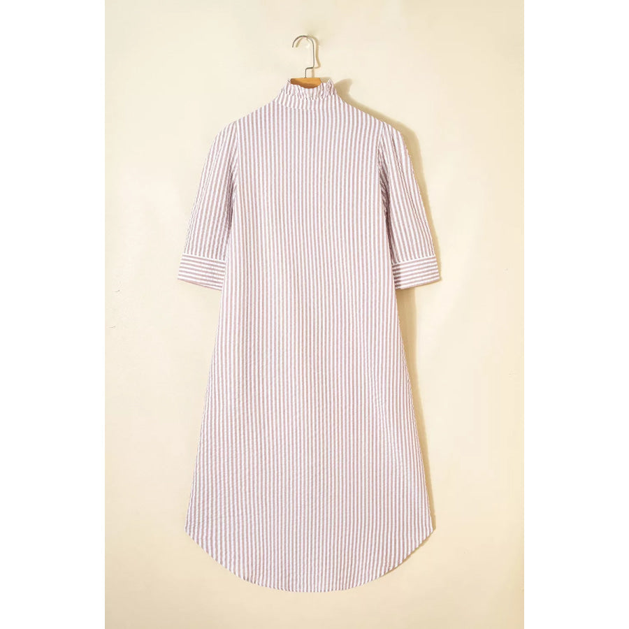Stripe Frilled Collar Half Sleeve Shirt Dress Apparel and Accessories