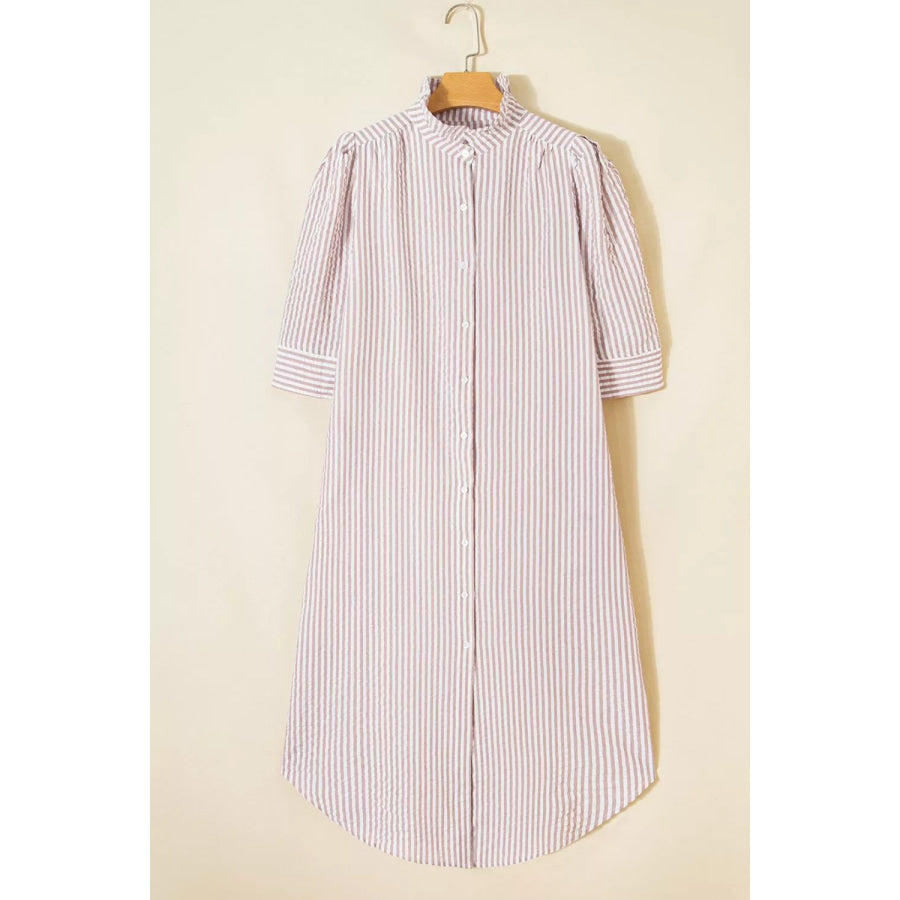 Stripe Frilled Collar Half Sleeve Shirt Dress Apparel and Accessories