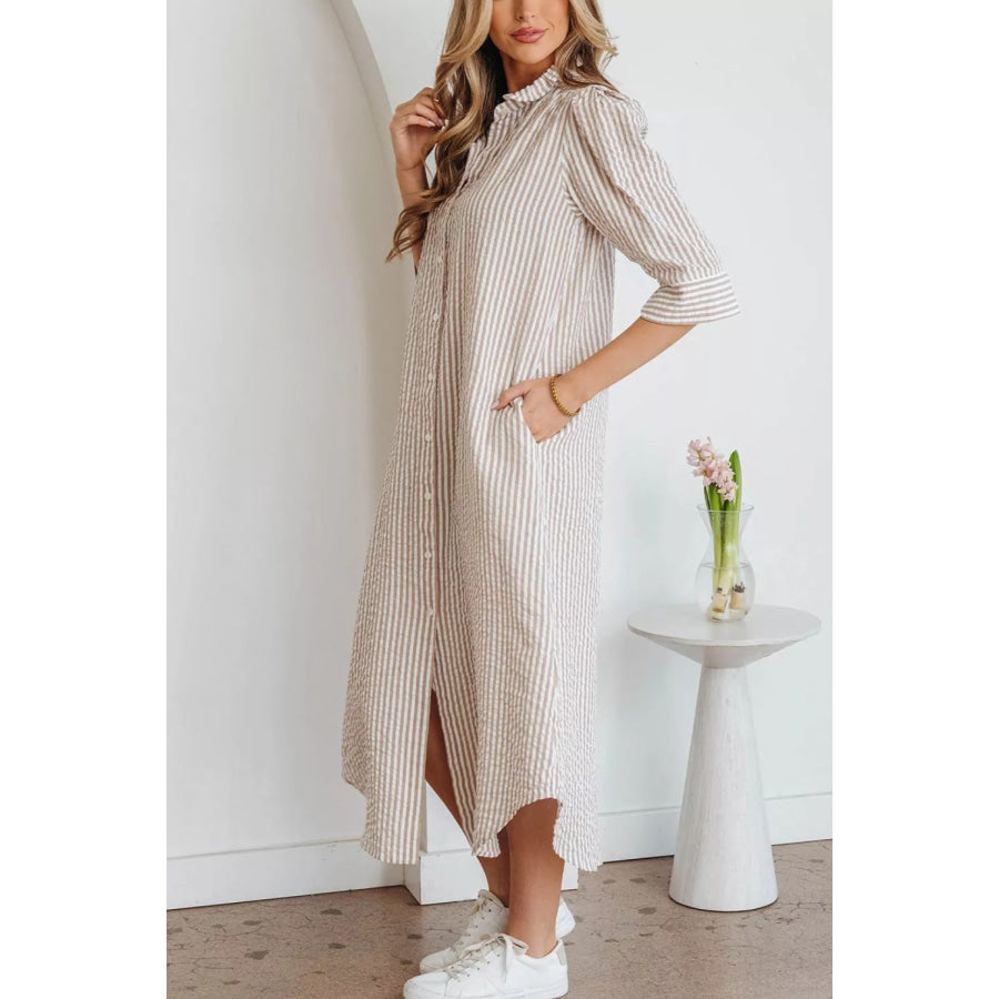 Stripe Frilled Collar Half Sleeve Shirt Dress Apparel and Accessories