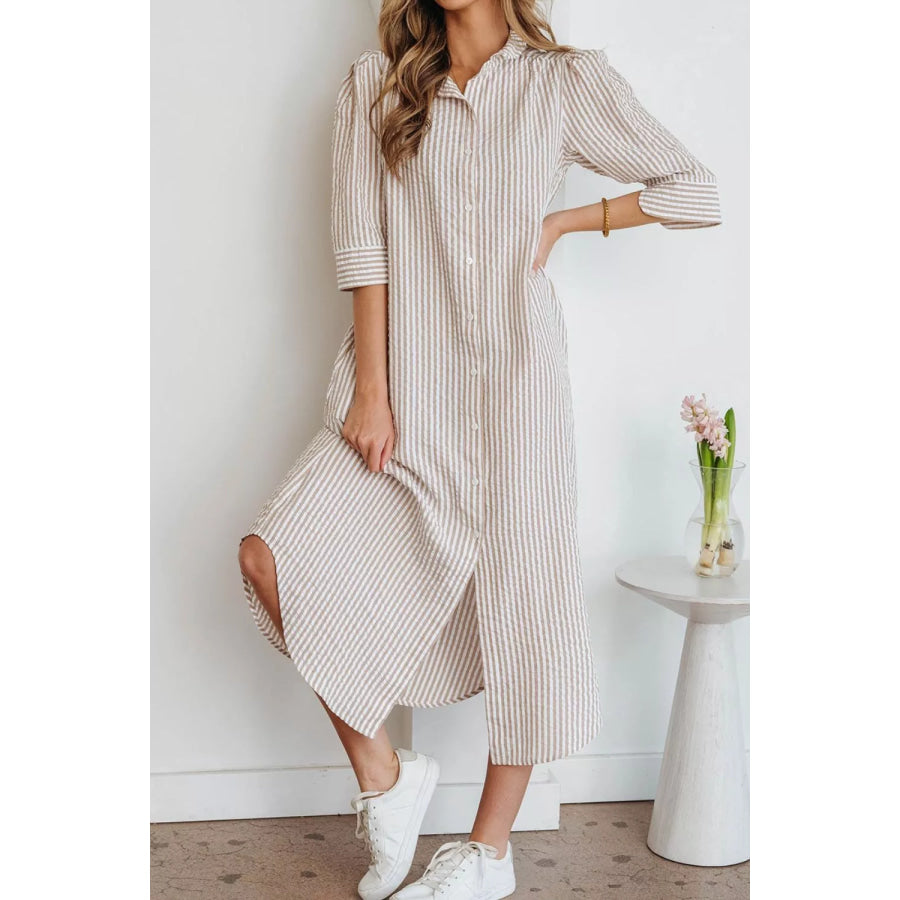 Stripe Frilled Collar Half Sleeve Shirt Dress Apparel and Accessories