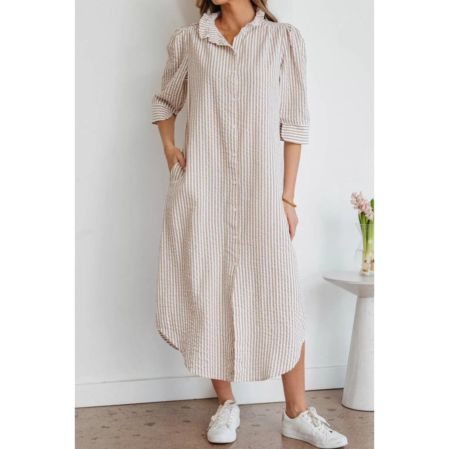 Stripe Frilled Collar Half Sleeve Shirt Dress Apparel and Accessories