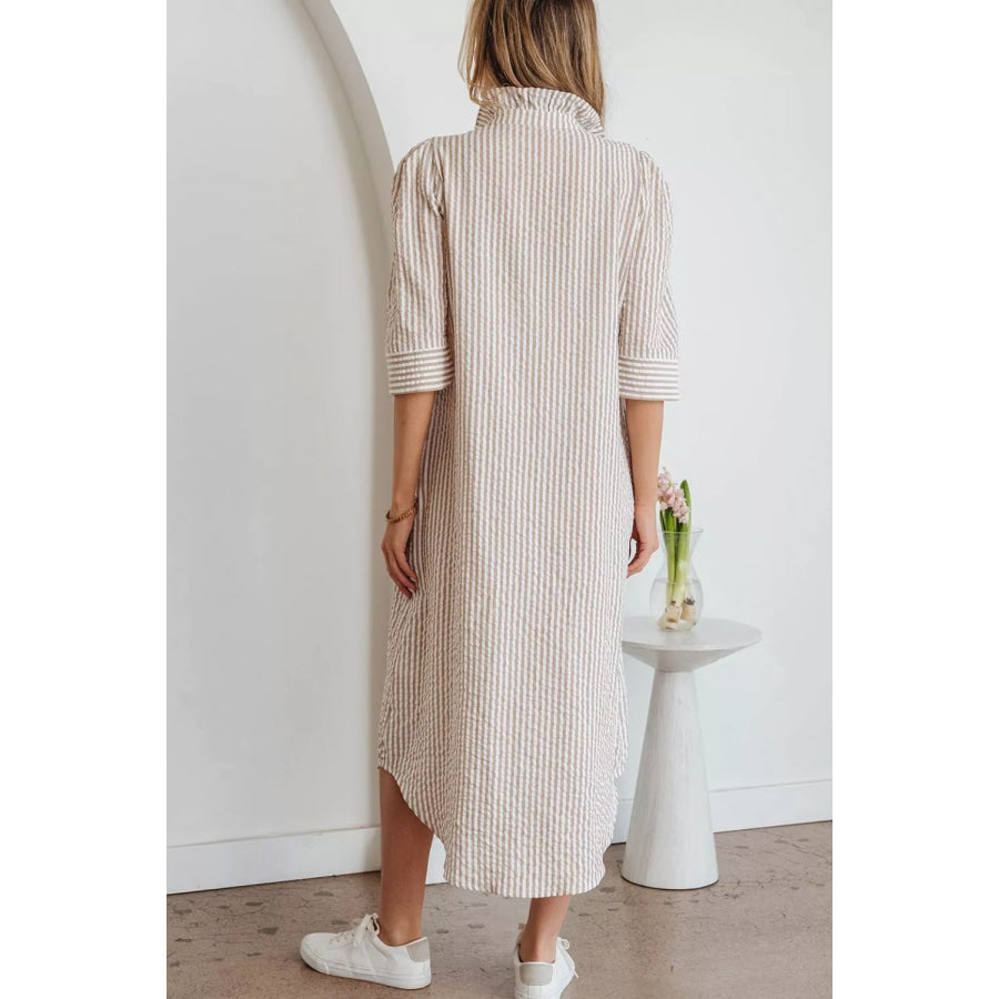 Stripe Frilled Collar Half Sleeve Shirt Dress Apparel and Accessories