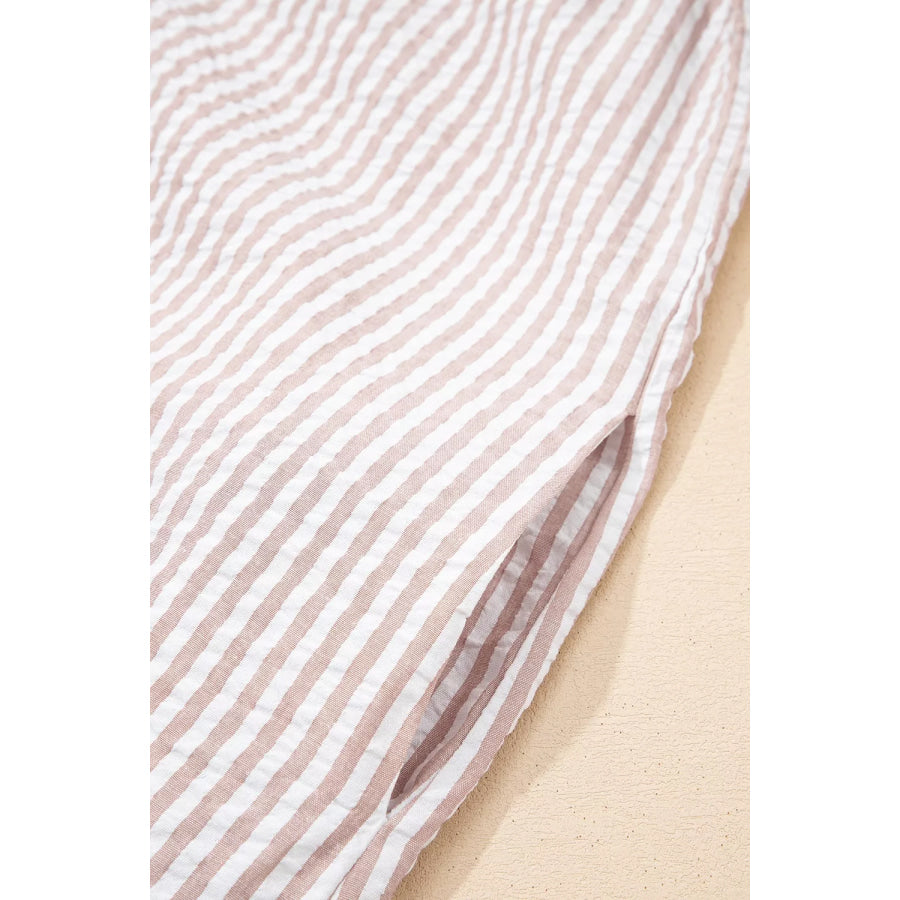 Stripe Frilled Collar Half Sleeve Shirt Dress Apparel and Accessories