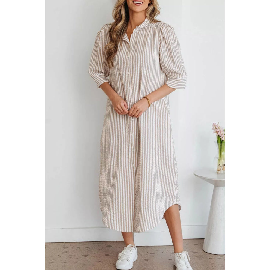 Stripe Frilled Collar Half Sleeve Shirt Dress Apparel and Accessories
