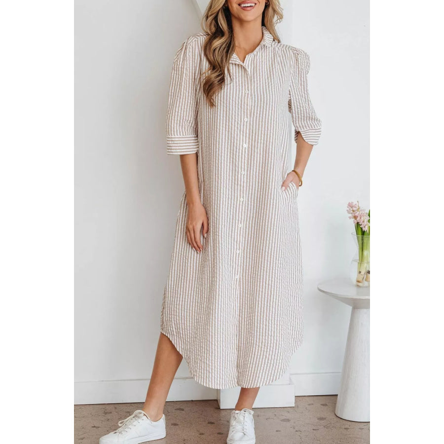 Stripe Frilled Collar Half Sleeve Shirt Dress Apparel and Accessories