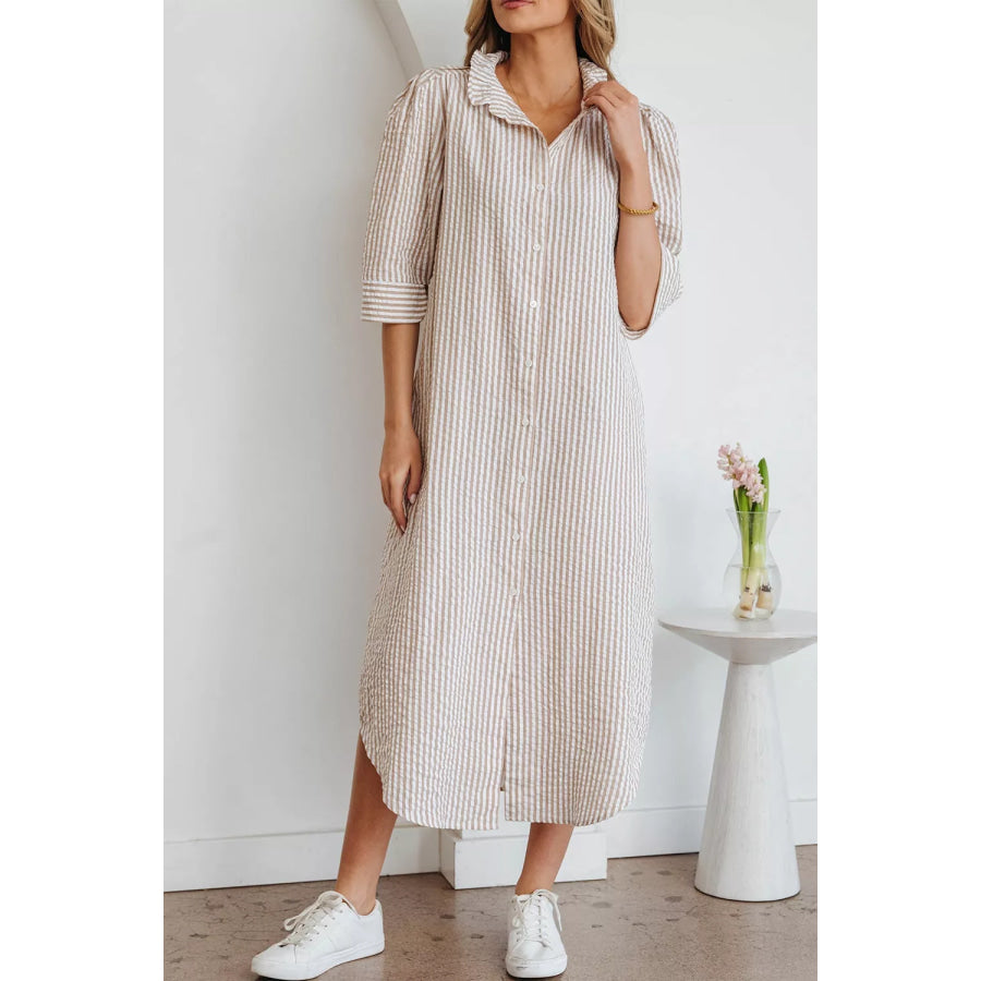 Stripe Frilled Collar Half Sleeve Shirt Dress Dust Storm / S Apparel and Accessories