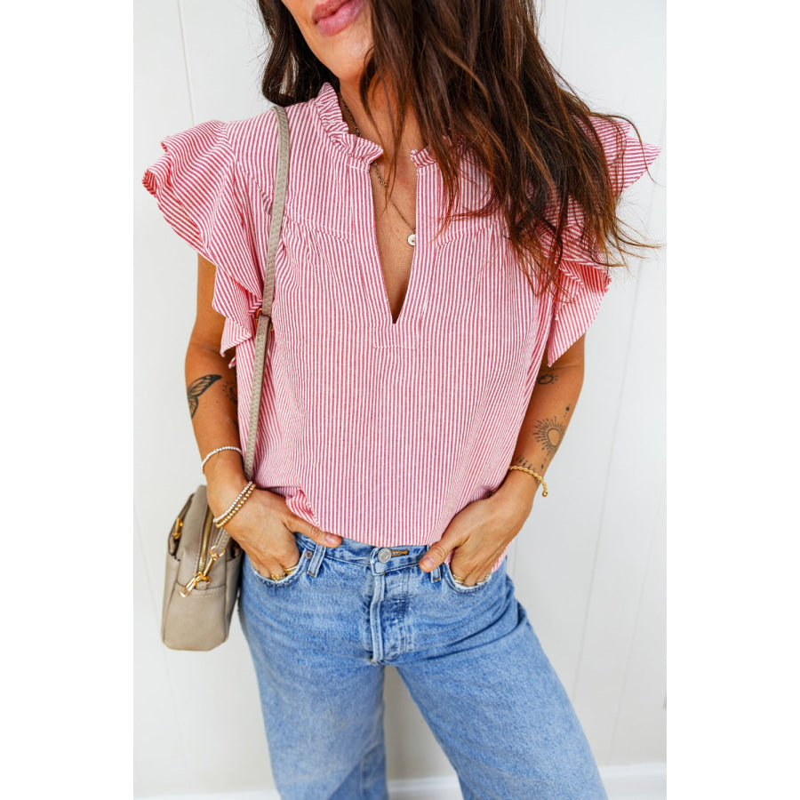 Stripe Frilly Split Neck Double Ruffled Short Sleeve Blouse Apparel and Accessories