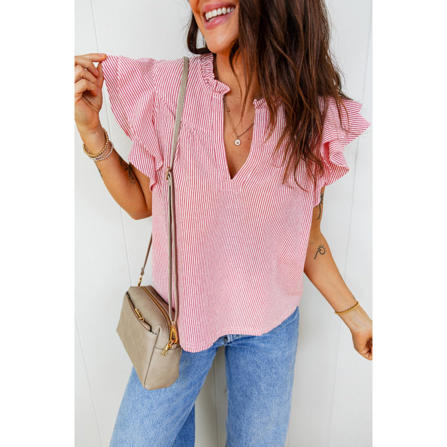 Stripe Frilly Split Neck Double Ruffled Short Sleeve Blouse Apparel and Accessories