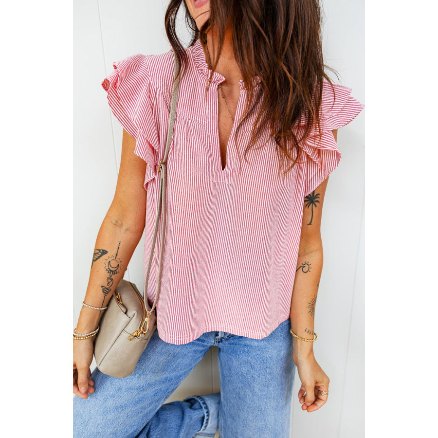 Stripe Frilly Split Neck Double Ruffled Short Sleeve Blouse Apparel and Accessories