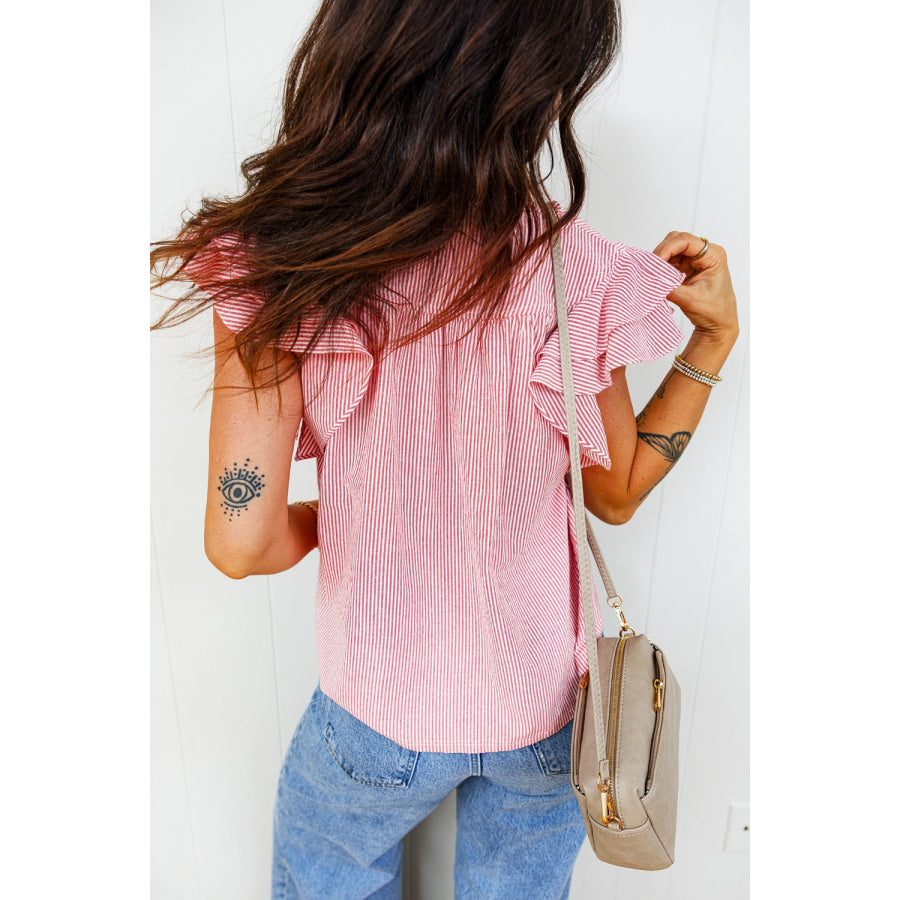 Stripe Frilly Split Neck Double Ruffled Short Sleeve Blouse Apparel and Accessories
