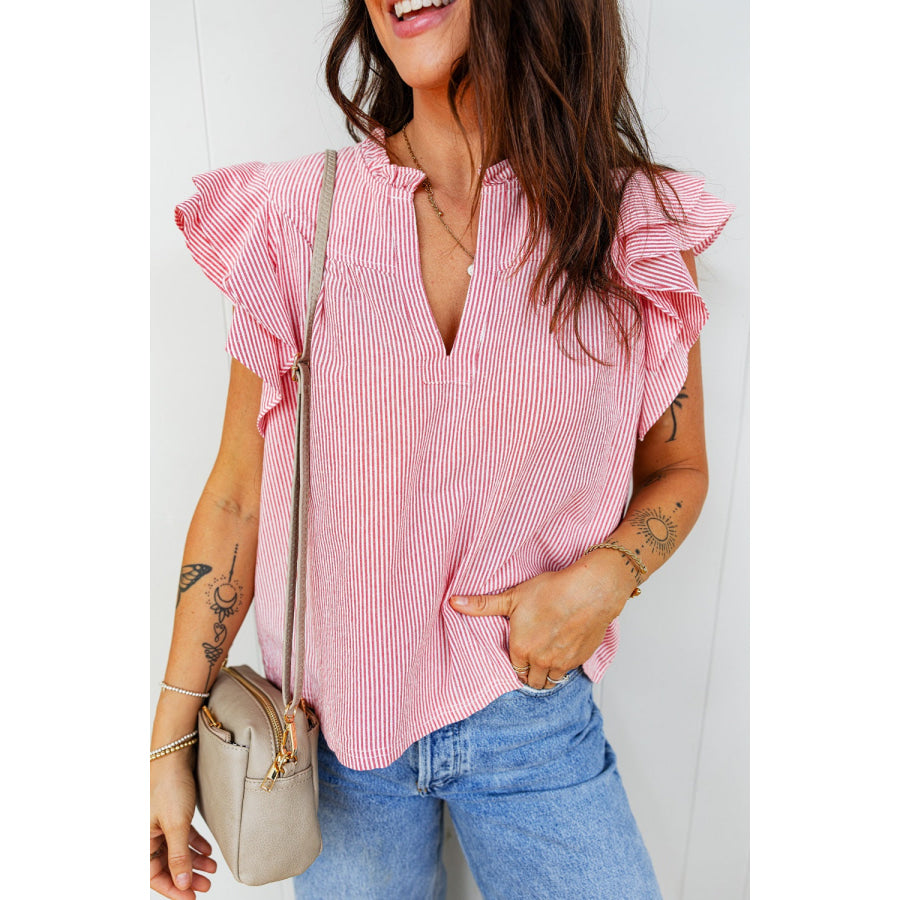 Stripe Frilly Split Neck Double Ruffled Short Sleeve Blouse Pink / S Apparel and Accessories