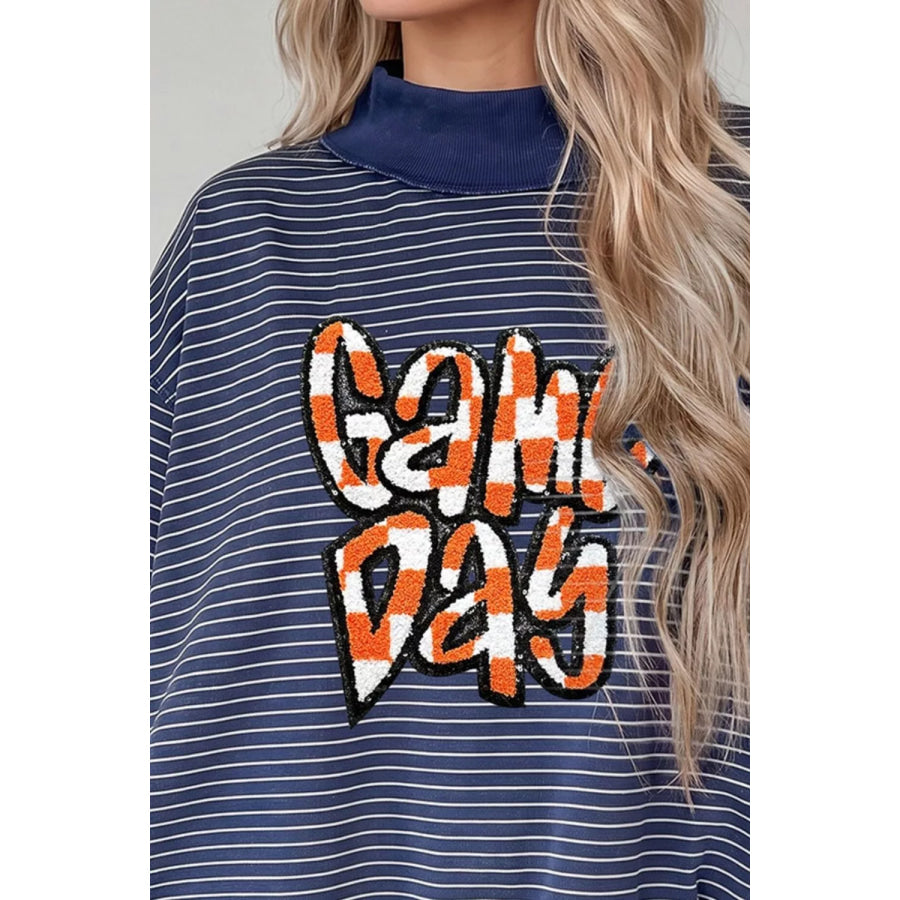 Stripe GAME DAY Letter Print Long Sleeve Two Piece Graphic Shorts Set Dusty Blue / M Apparel and Accessories