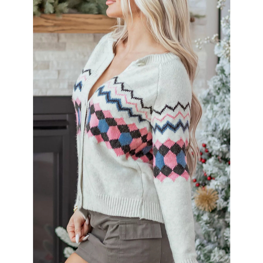 Stripe Geometric Button Up Sweater Cardigan Apparel and Accessories