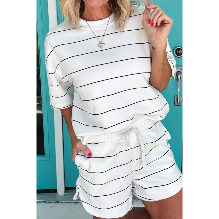 Stripe Half Sleeve Tee and Drawstring Shorts Set White / S Apparel and Accessories
