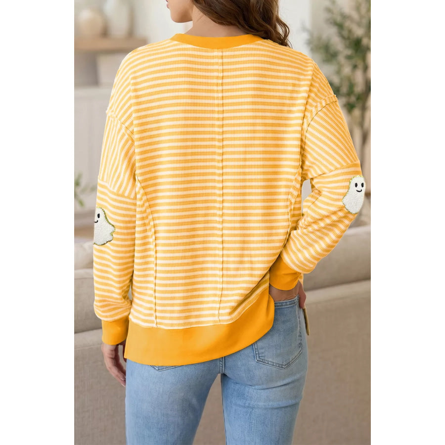 Stripe Halloween Ghost Patch Round Neck Long Sleeve Top Apparel and Accessories
