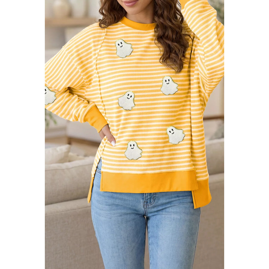 Stripe Halloween Ghost Patch Round Neck Long Sleeve Top Apparel and Accessories