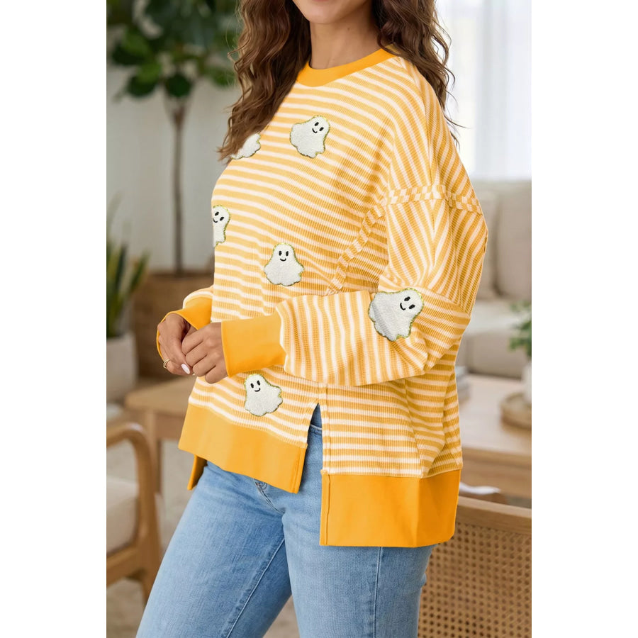 Stripe Halloween Ghost Patch Round Neck Long Sleeve Top Apparel and Accessories