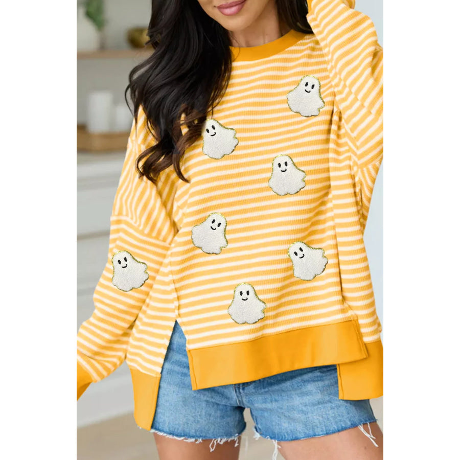 Stripe Halloween Ghost Patch Round Neck Long Sleeve Top Sherbet / S Apparel and Accessories