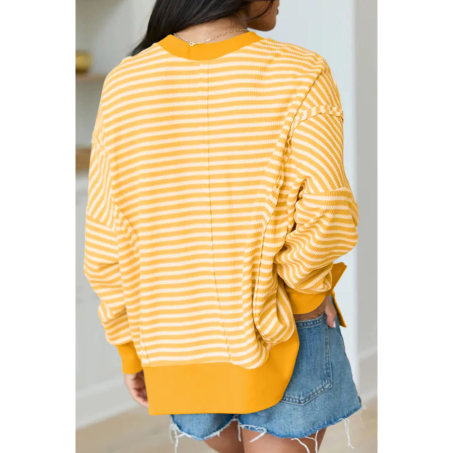 Stripe Halloween Pumpkin Face Waffle Knit Pullover Loose Top with Slits Apparel and Accessories