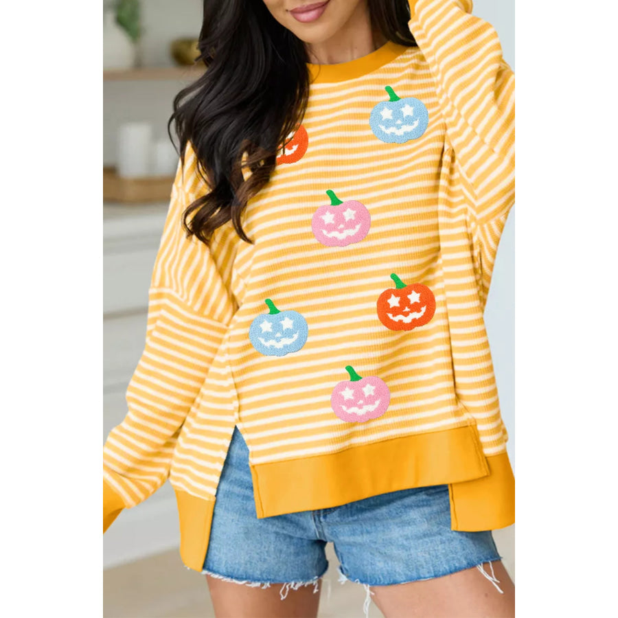 Stripe Halloween Pumpkin Face Waffle Knit Pullover Loose Top with Slits Apparel and Accessories
