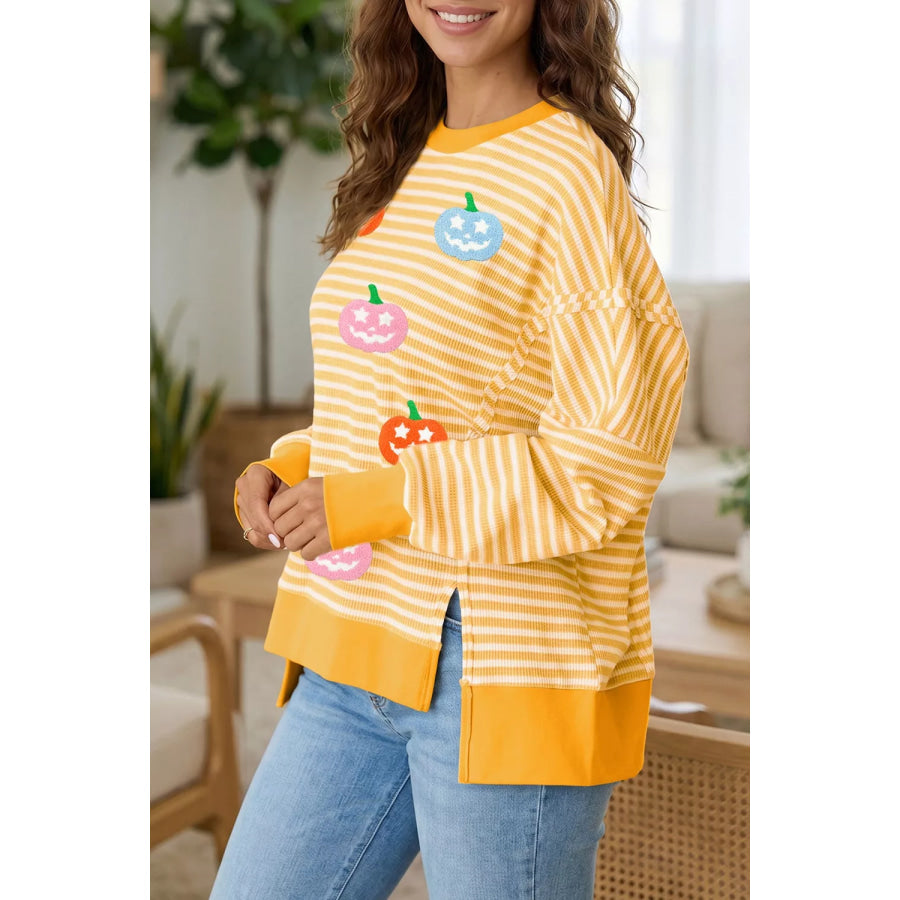 Stripe Halloween Pumpkin Face Waffle Knit Pullover Loose Top with Slits Apparel and Accessories