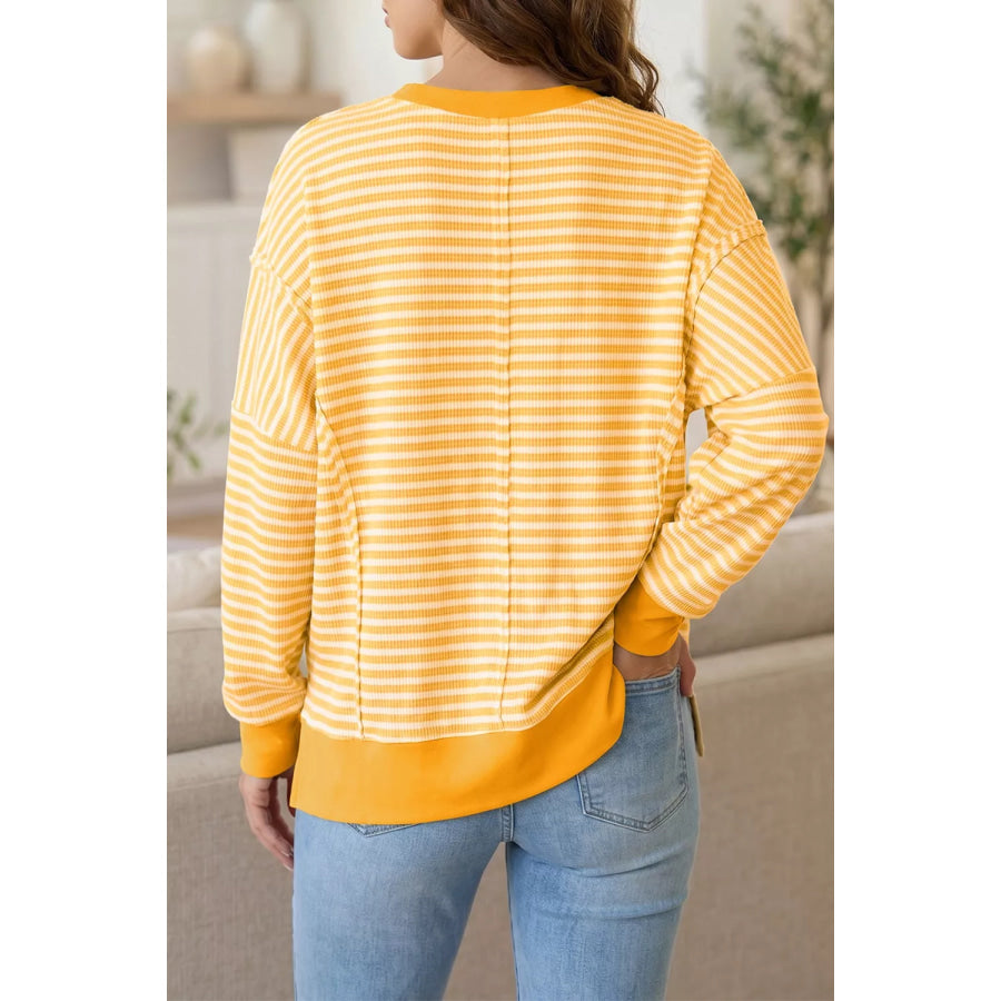 Stripe Halloween Pumpkin Face Waffle Knit Pullover Loose Top with Slits Apparel and Accessories