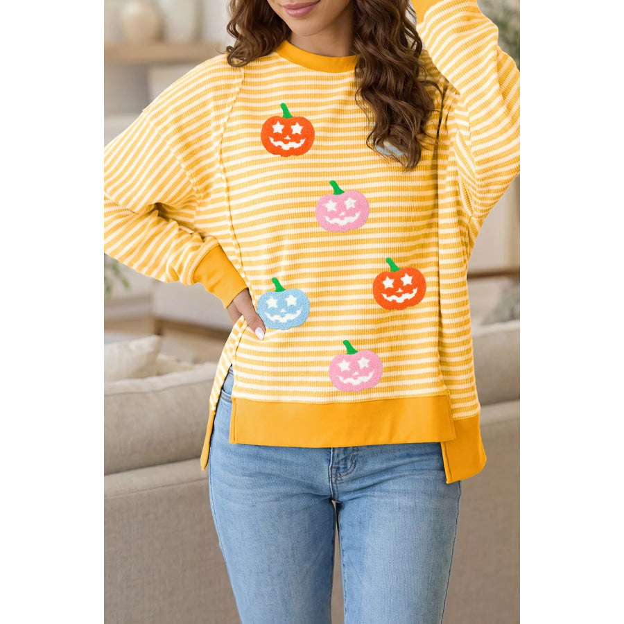 Stripe Halloween Pumpkin Face Waffle Knit Pullover Loose Top with Slits Gold / S Apparel and Accessories