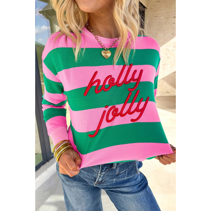 Stripe holly jolly Letter Embroidered Pullover Sweatshirt Apparel and Accessories