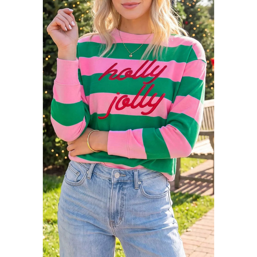 Stripe holly jolly Letter Embroidered Pullover Sweatshirt Apparel and Accessories