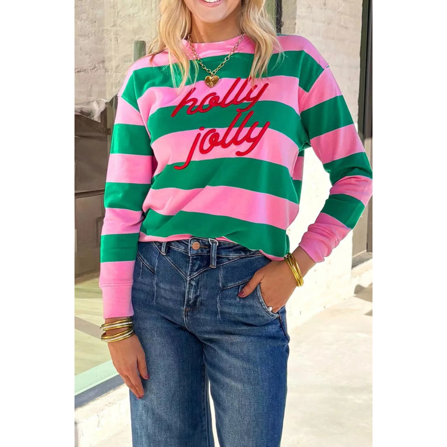 Stripe holly jolly Letter Embroidered Pullover Sweatshirt Apparel and Accessories