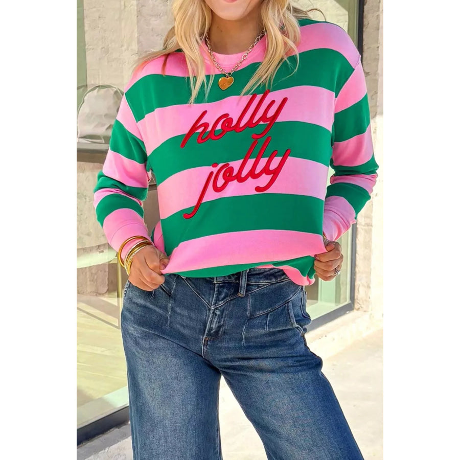 Stripe holly jolly Letter Embroidered Pullover Sweatshirt Pink / S Apparel and Accessories