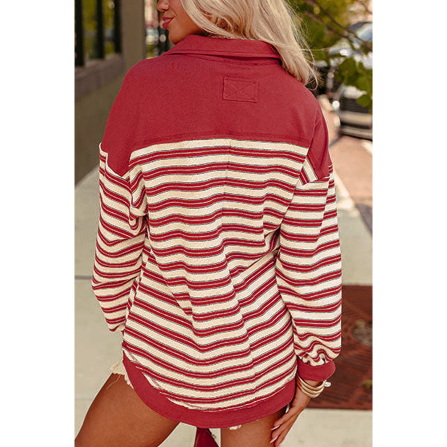 Stripe Johnny Collar Drop Shoulder Sweatshirt Apparel and Accessories