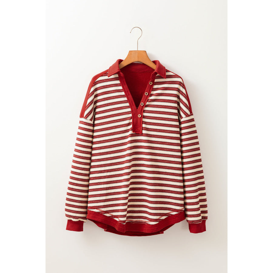 Stripe Johnny Collar Drop Shoulder Sweatshirt Apparel and Accessories