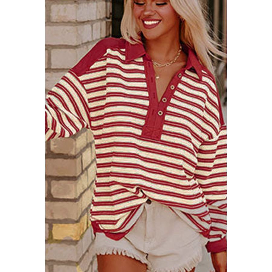 Stripe Johnny Collar Drop Shoulder Sweatshirt Apparel and Accessories