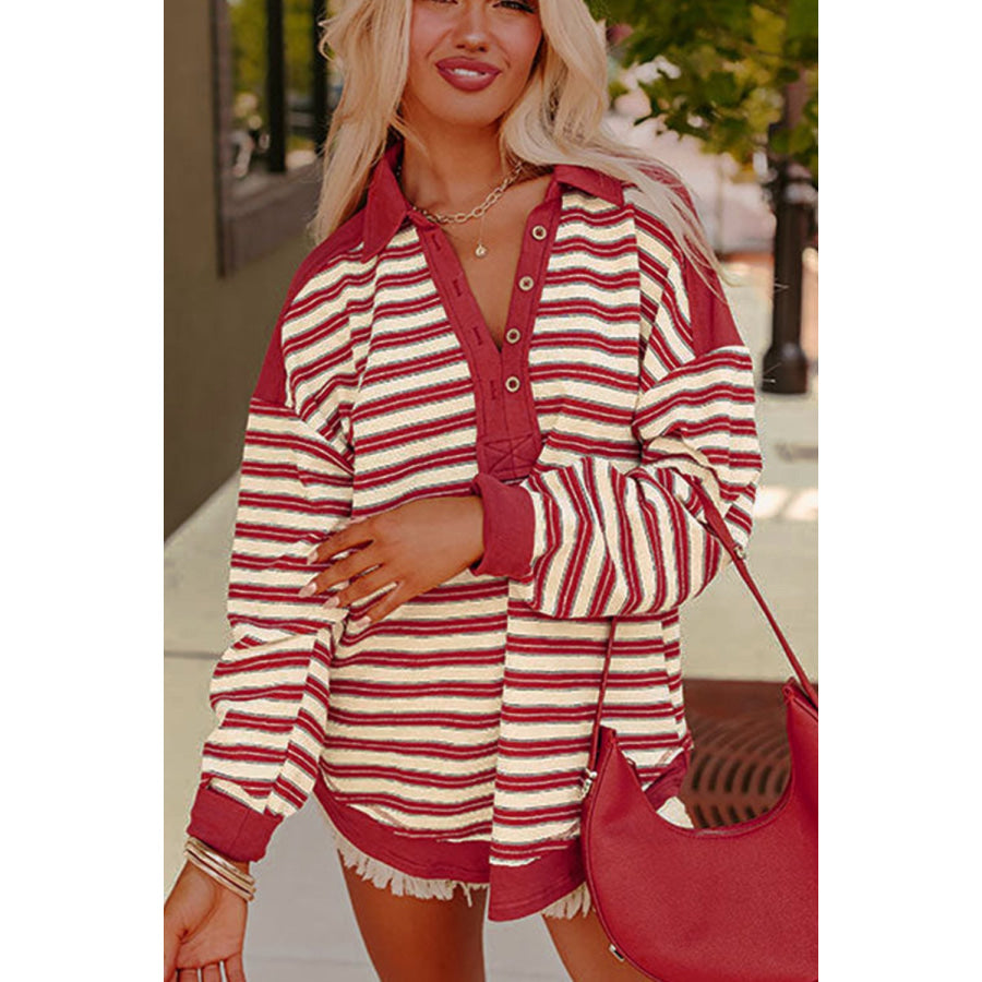 Stripe Johnny Collar Drop Shoulder Sweatshirt Apparel and Accessories